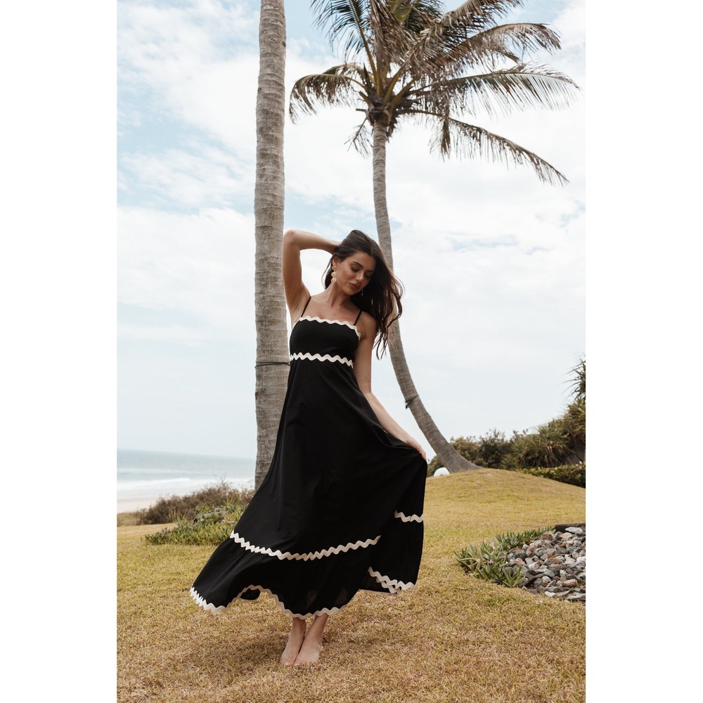 Petal and Pup Yana Maxi Dress Black Cream Strappy Scalloped Trim Vacation